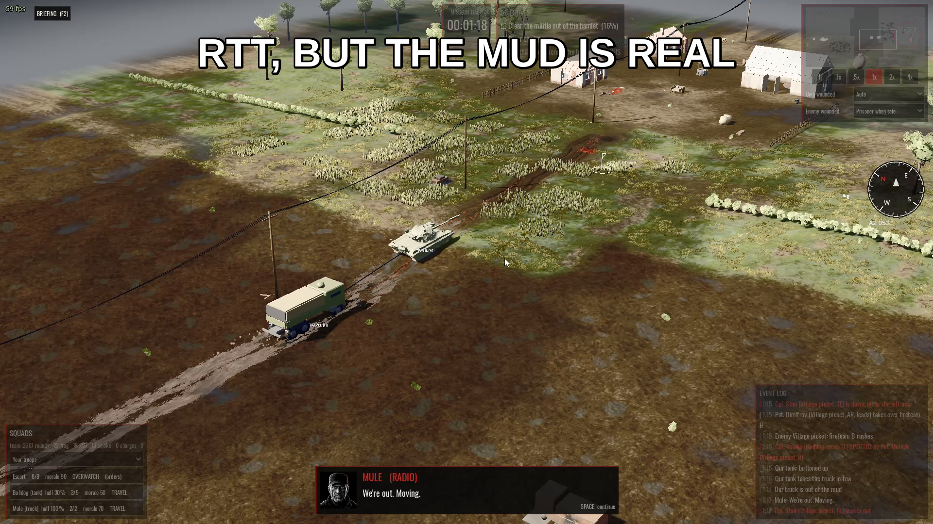 A tank towing a truck out of the mud